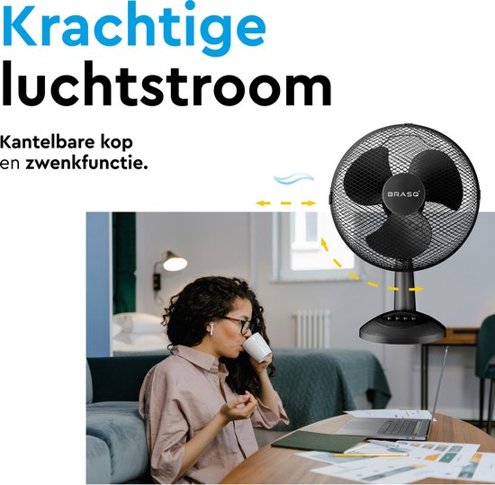 BRASQ Tafelventilator - 30 cm - Zwart - 3 snelheden - Statiefventilator - 40 Watt
