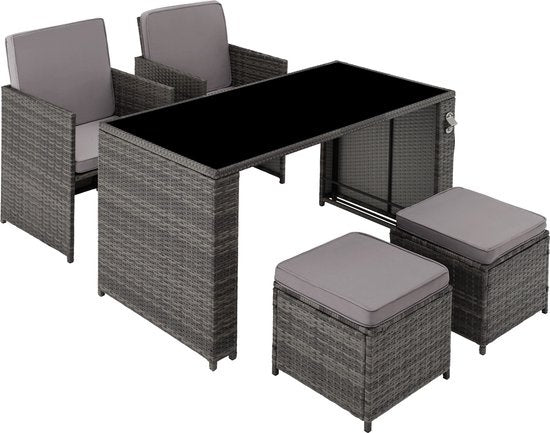 tectake® - wicker zitgroep, 5-delige lounge tuinmeubelset met tafel, fauteuil en kruk, eetgroep voor maximaal 4 personen, tuin- en balkonmeubilair inclusief kussens – grijs - poly-rattan