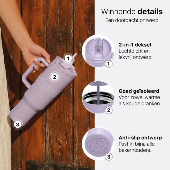 ONYX Drinkfles met Rietje 1.2 Liter - Waterfles voor Kinderen & Volwassenen - Thermosbeker RVS Travel Mug - Motiverende Drinkbus - Drinkbeker voor School - Pastel Purple