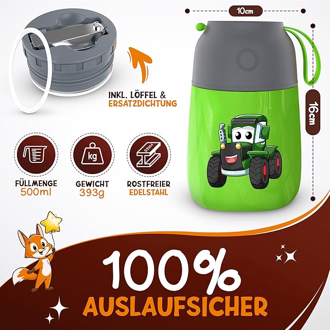 Funkelfuchs® Thermo beker voor kindervoeding - 500ml, groene trekker - 100% lekvrij - roestvrijstalen voedselwarmer - thermo beker voeding - thermo lunch box kinderen - baby voedselwarmer