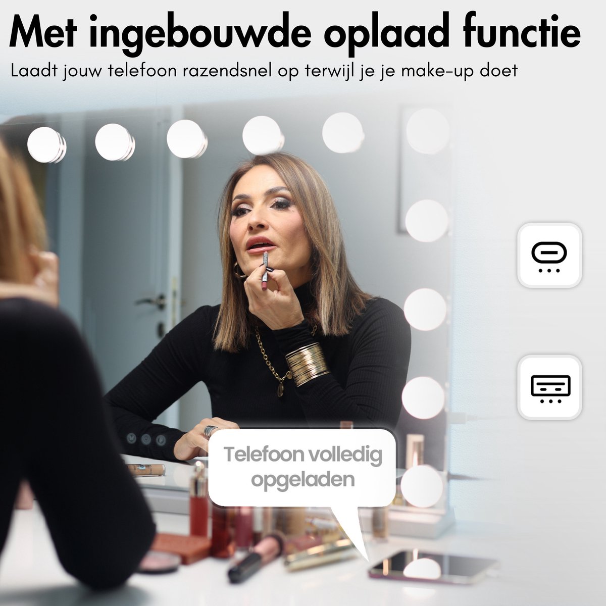 Sansbeauté® Hollywood Spiegel 58x43 cm - Make-up Spiegel - 15 LED Lampen - 10x Vergroting - Dimbaar - USB Oplaadpoort - Touch Control - Zwart