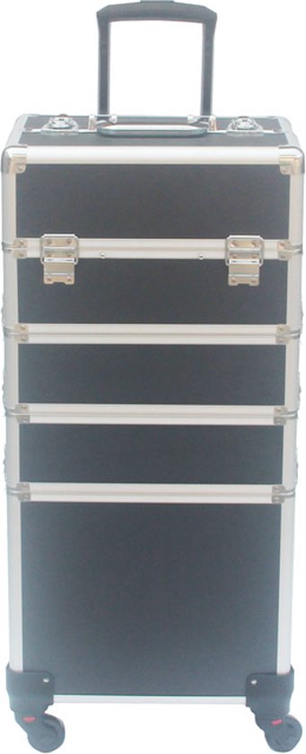 VDD - visagiekoffer - make up koffer - Make up trolley - Kappers koffer - Beautycase - Cosmetica koffer - Met Wielen - Zwart - 26 x 35 x 70cm