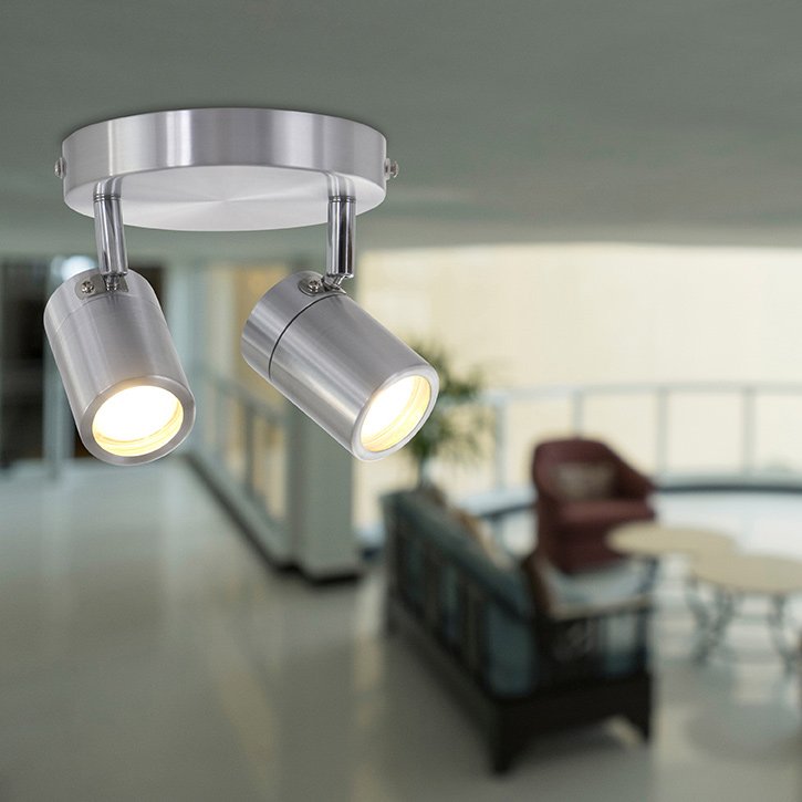Staalkleurige 2-lichts spot Upround 2487ST - Draaibaar en kantelbaar - Modern design - Inclusief lichtbronnen - Mexlite - Geschikt voor binnen gebruik, IP44, max. diepte 15 cm