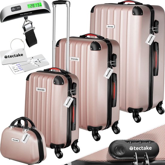 tectake® - 4-delige reiskofferset inclusief koffertrolley en bagageweger, 360° wielen, harde koffer met cijferslot, grote koffer, stapelbaar, trolley handbagage - rosegold