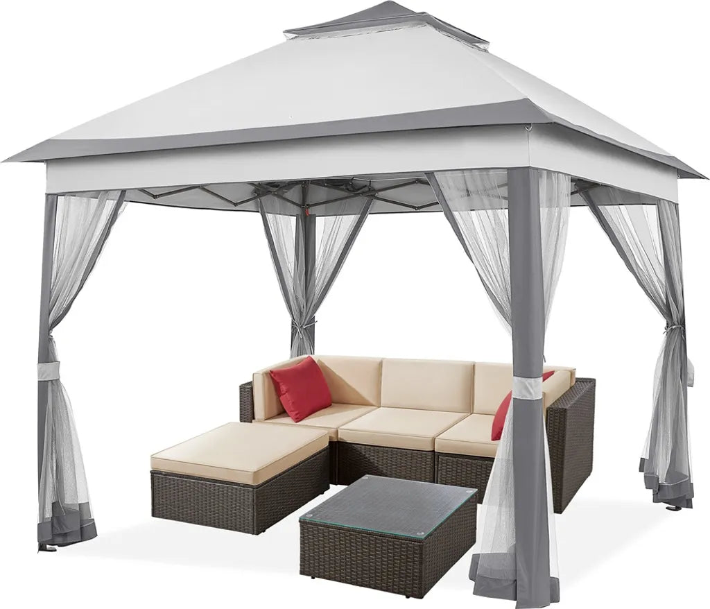 Yaheetech Pop-up Partytent 330 x 330 cm - Lichtgrijs/Donkergrijs - Opvouwbare Tuinpaviljoen met Dubbel Dak en 4 Mesh Zijwanden