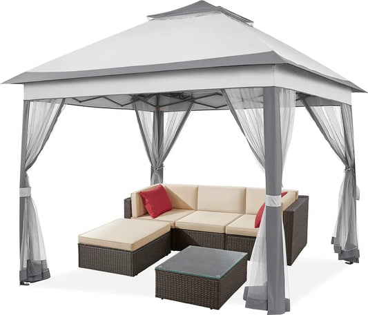 Yaheetech Pop-up Partytent 330 x 330 cm - Lichtgrijs/Donkergrijs - Opvouwbare Tuinpaviljoen met Dubbel Dak en 4 Mesh Zijwanden