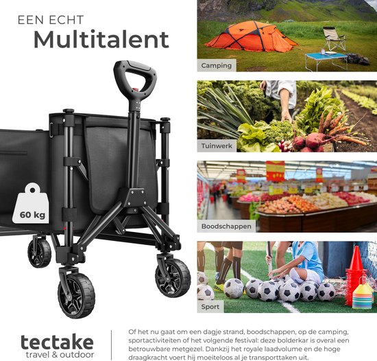 tectake® Bolderkar - Opvouwbaar - 60 kg Draagkracht - Draaibare Massieve wielen - 47 x 83 x 90 cm - Bolderkarren - Bolderwagen - Met Verstelbare Duwstang - Handkar - Waterafstotende Transportwagen - Met Legplank en Binnenvak