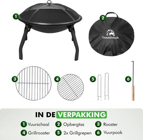 Travelhawk Vuurschaal - Draagbare Inklapbare Outdoor Vuurschaal - Vuurkorf Bbq - Met Vonkenscherm - Kolen of Hout - 55 cm Diameter - Inclusief Deksel, Opbergzak, Vuurpook & Grilrooster