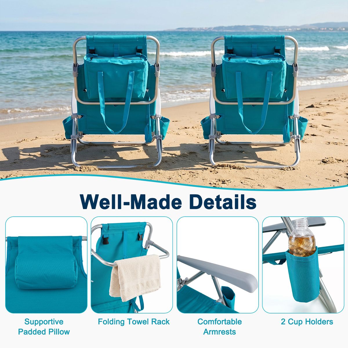 Coast Strandstoel 2-delige set - opvouwbaar met verstelbare rugleuning en hoofdsteun - turquoise