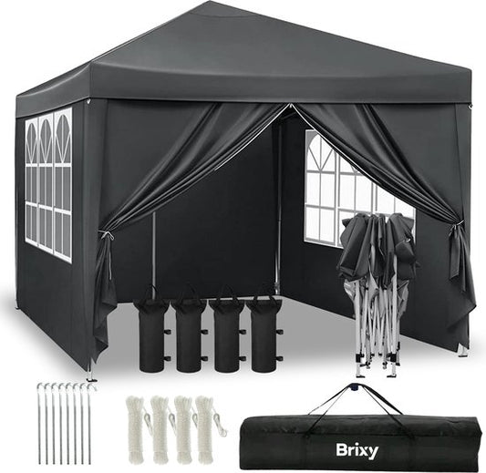 Brixy Partytent - Paviljoen - Easy Up - Opvouwbaar - Met Zijwanden - Waterdicht - Met Draagtas - 300 x 300 cm – Zwart