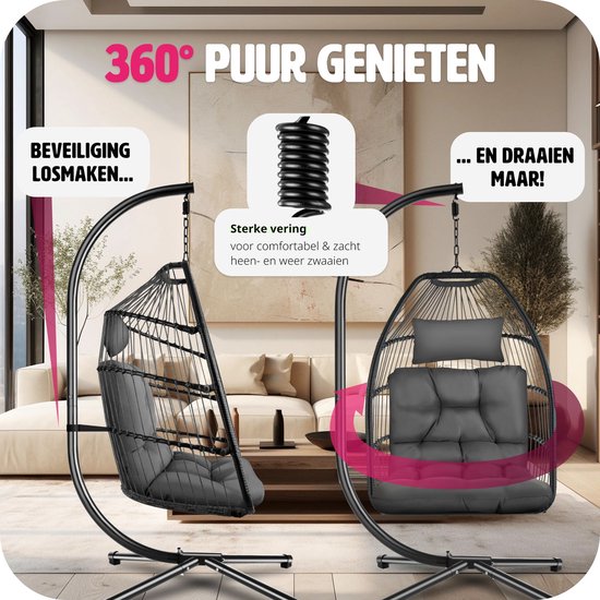 tectake® - Luxe hangstoel - opvouwbare en draaibare egg chair met standaard - dikke kussens - antislipvoeten - inclusief beschermhoes. Ideaal voor tuin, terras, slaapkamer - donkergrijs