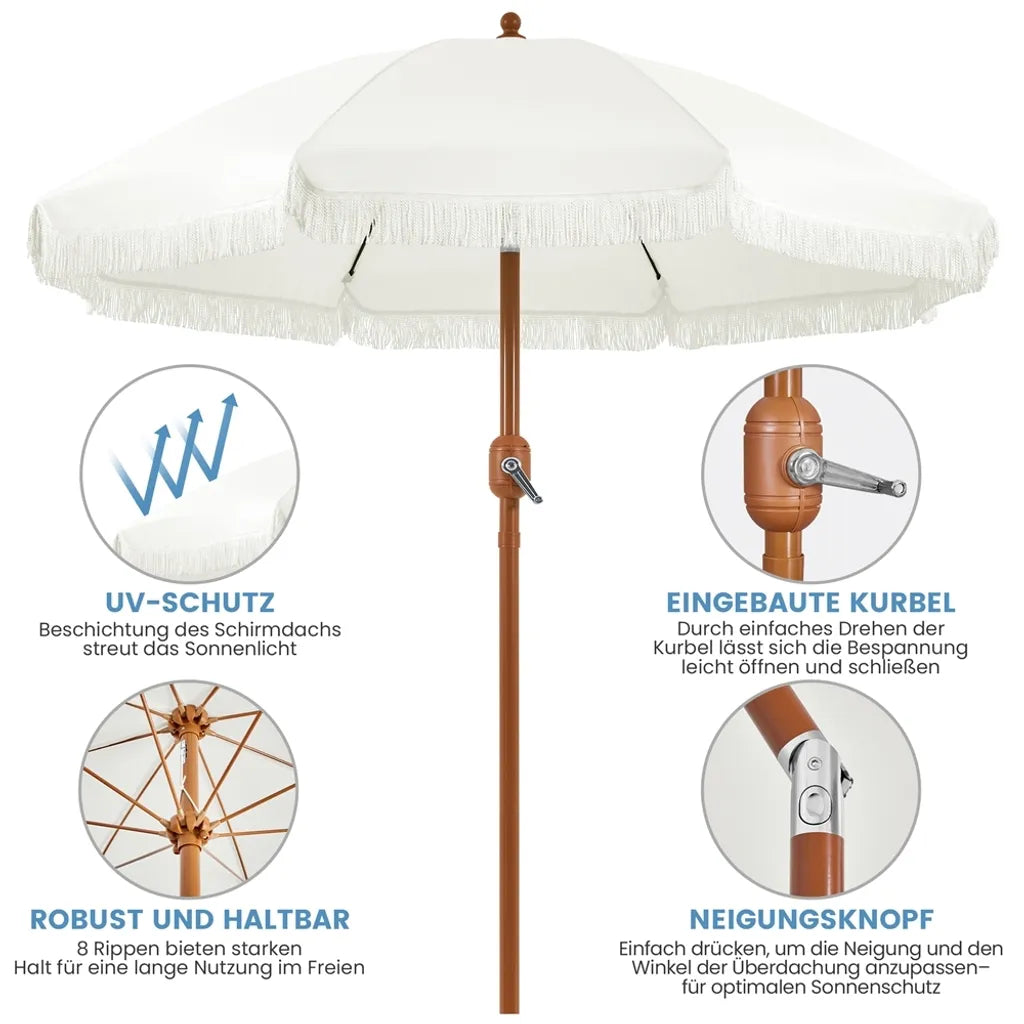 Yaheetech Parasol - Met Franjes - Kantelbaar - Met Zwengel - Ø215 cm - Crèmewit - Retro Design
