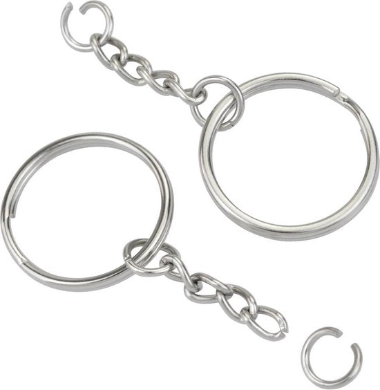 Sleutelringen met Ketting - 50 RVS Sleutelhanger Split Ringen - Sleutel Hanger Splitringen Set - 25 mm - 50 Stuks