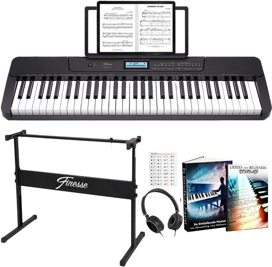 Finesse Keyboard Piano - Statief & Accessoires - 61 Keys - MIDI - Digitale Piano - Elektrische Piano - Kind - Zwart/Wit
