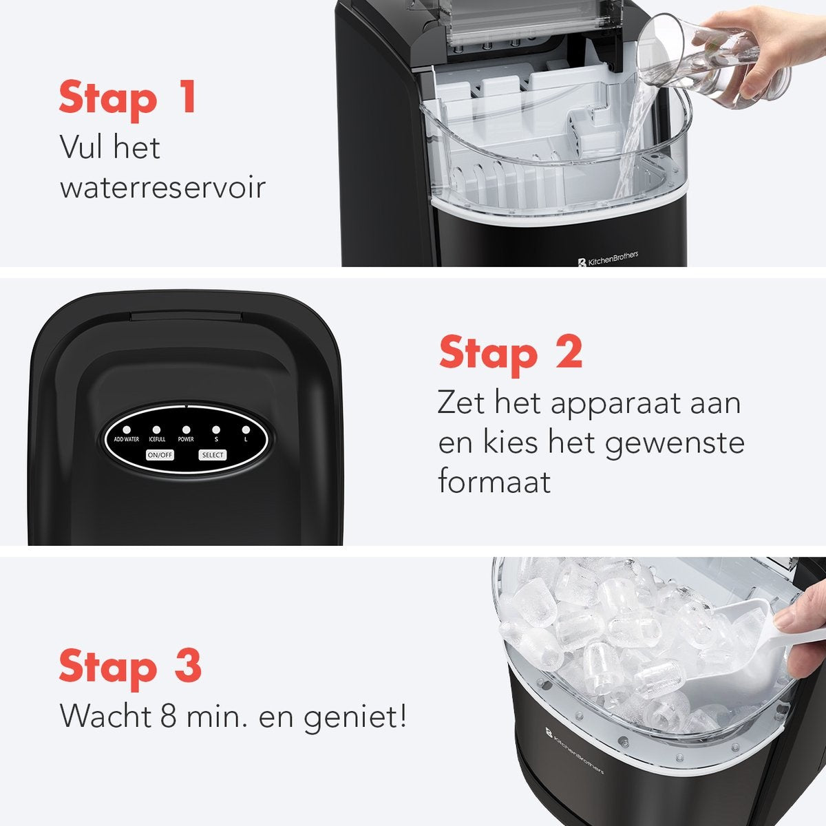 KitchenBrothers IJsblokjesmachine - 1.6L - 8 min. - 12kg/24u - Zelfreinigingsfunctie - IJsblokmaker met IJsschep - Zwart