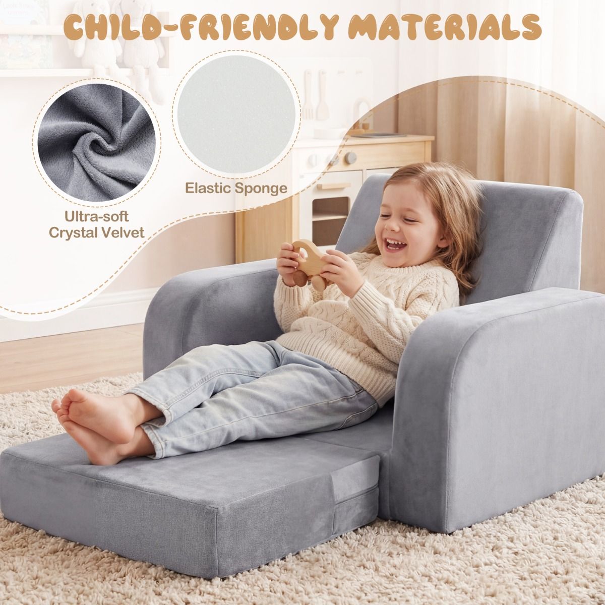 Coast Uitklapbare Kinderbank - 3-in-1 Kinderbank, Loungestoel en Kinderbed - Ultrazacht kristalvelours - Grijs