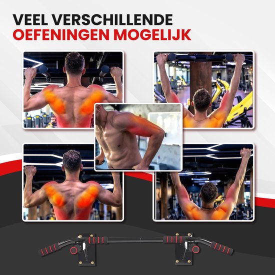 TTD® Premium Pull Up Bar – Wandmontage Dip Station – Tot 250KG – Home Workout – Zwart/Rood