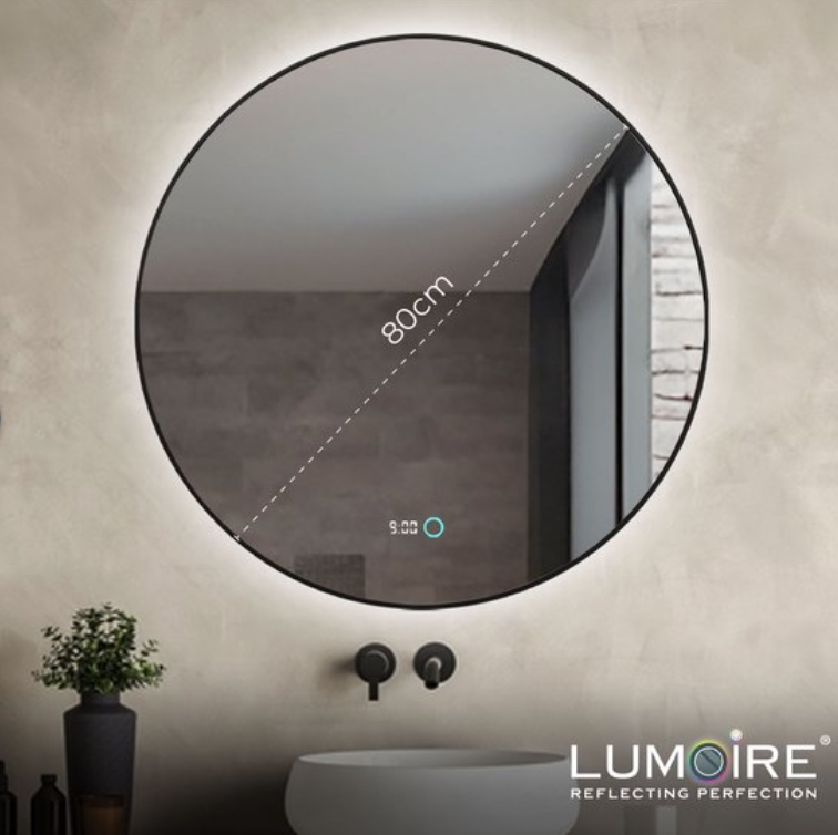 Lumoire Neon 8000 Spiegel met Verlichting - Zwarte Rand - Ø 80 cm - Rond, Anticondens, Klok