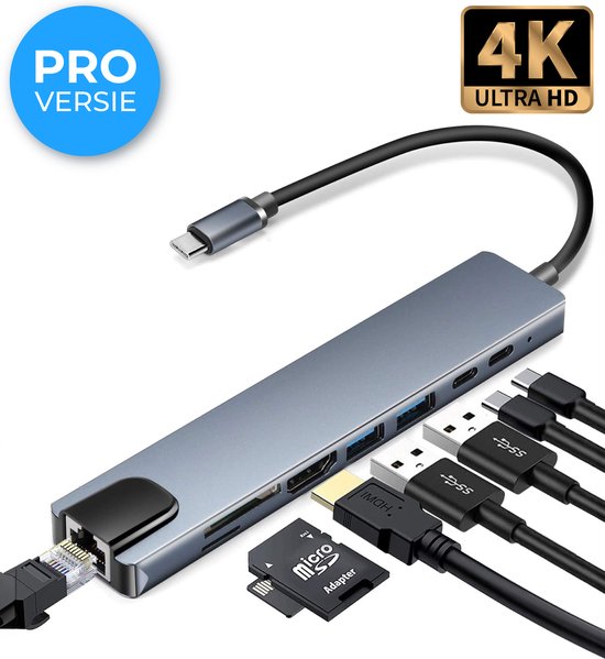 Nuvance - USB C Hub 3.0 – 8 Poorten - USB Splitter met Ethernet - USB C naar HDMI - USB Hub 3.0 - Docking Station Laptop - Micro SD Card Reader - HDMI 4K - Grijs