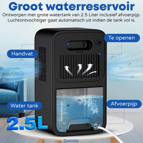 Swinkle® Luchtontvochtiger en Luchtreiniger - Ontvochtigt tot 1L per Dag - Dehumidifier geschikt voor Woonkamer, Slaapkamer, Badkamer met LED Scherm