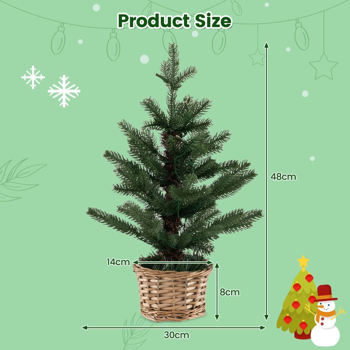 Coast Verlichte Kunstmatige Minikerstboom in Pot – 48 cm Hoog – Groen/Natuur – 96 Takuiteinden – 20 Warmwitte LED Lampjes – Timer – Rieten Pot