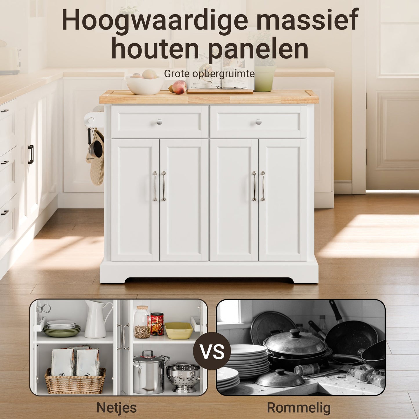 SoBuy FKW71-WN Keukenwagen met Uitbreidbaar Werkblad - Wit/Naturel - Serveerwagen Keukeneiland