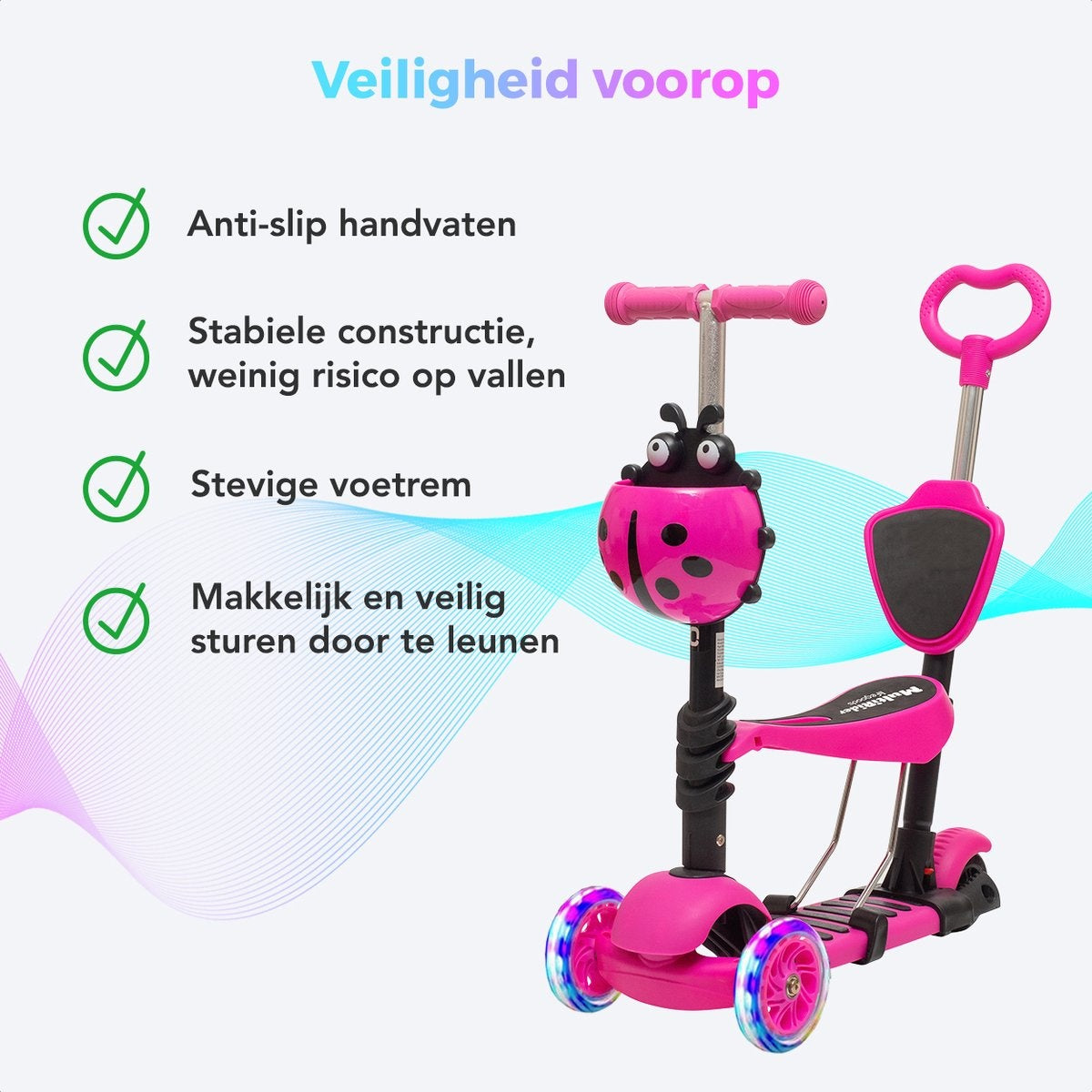 LifeGoods MultiRider - Kinderstep met Duwstang - 3 tot 8 Jaar - Jongens/Meisjes - 2 Lichtgevende Wielen - Roze