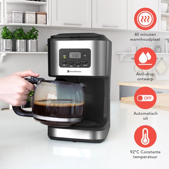 KitchenBrothers Koffiezetapparaat - Filterkoffie - met Glazen Kan - 12 Koppen - Zwart/RVS