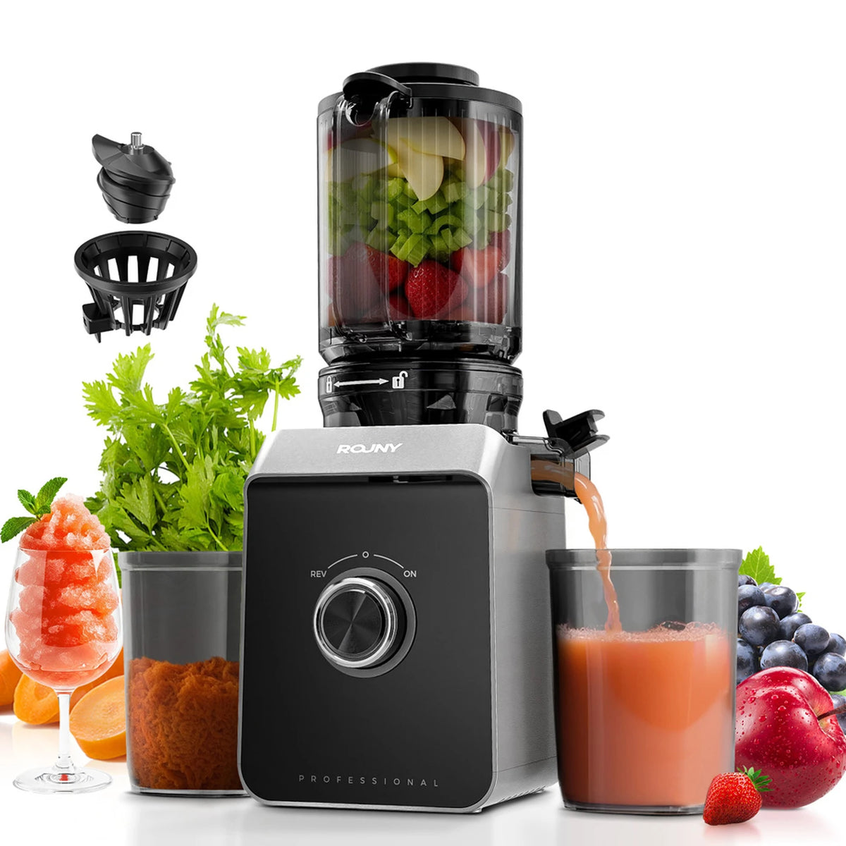 Rouny Slow Juicer FF Pro Max - 150 W Koudperssapcentrifuge - 130 mm Vulopening - Filtervrij - Fruitijsfunctie - 1,8 L - Zwart