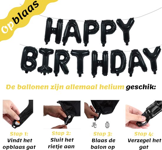 Feestio Ballonnen Verjaardag Versiering met Tafelkleed en Slingers - Helium - Zwart Goud