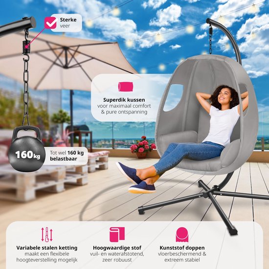 tectake® Hangstoel met frame - Schommelstoel met kussen + rugkussen - Meubels voor woonkamer of slaapkamer - Balkonmeubilair - Binnen of buiten - Tot 160kg - Lichtgrijs