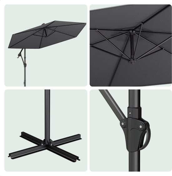 LifeGoods Zweefparasol - Rond Ø300 cm - UPF 50+ en Waterdicht - Donkergrijs