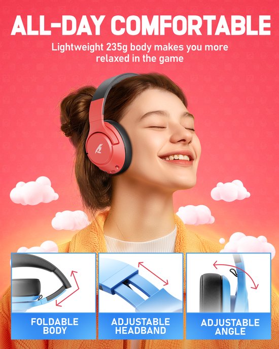 Kofire × CINPUSEN CG-01 - Draadloze Gaming Headset - Over ear koptelefoon - Met microfoon - PC/PS4/PS5/Nintendo Switch - Blauw rood