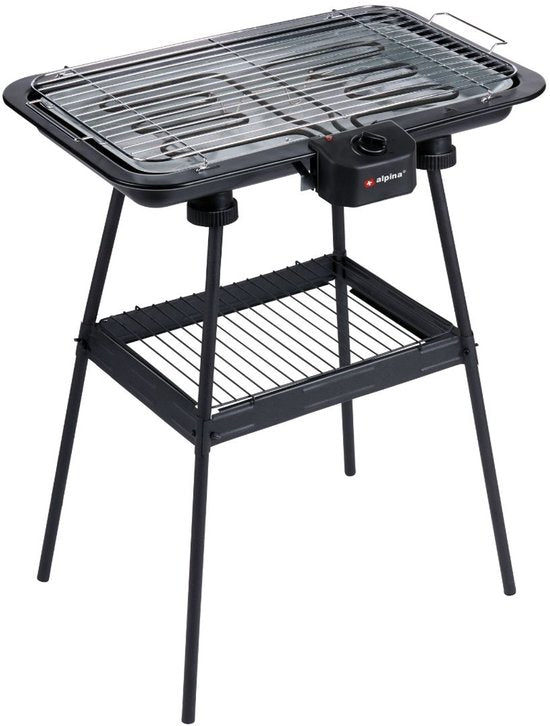 alpina Elektrische BBQ 2-In-1 2200W - Electrische BBQ Tafelmodel met Thermostaat - Elektrische Grill met Warmhoudfunctie - Tafelgrill Electrisch met Verstelbaar Rooster - 51 x 30 cm - Zwart