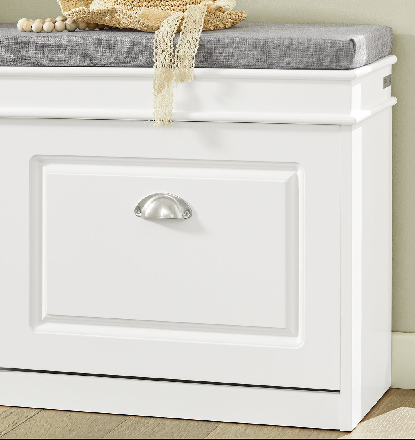 SoBuy Schoenenkast met Zitkussen en Kleppen – Smalle Schoenenbank voor de Hal – Wit – 104 x 24 x 51 cm