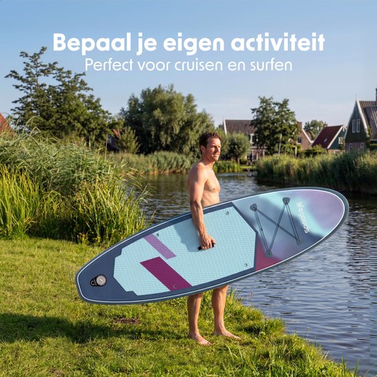 LifeGoods SUP Board Allround Compact - met Zitje - 100 KG Draagkracht - 300 x 76 cm - Opblaasbaar - Compleet SUP pakket - Blauw/Paars