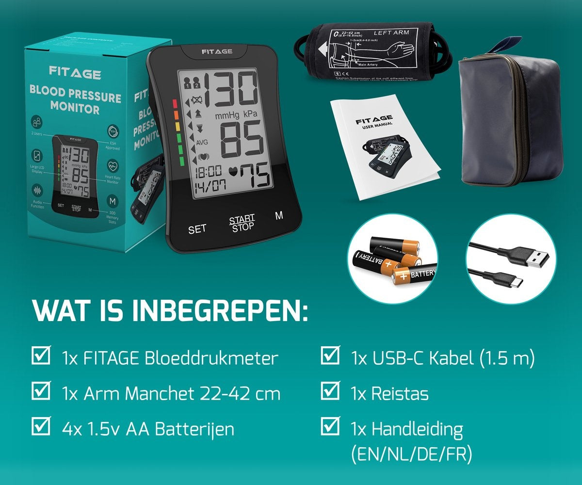 FITAGE Medische Bloeddrukmeter Bovenarm - Bloeddrukmeters - Hartslagmeter - Blood Pressure Monitor - Manchet 22-42cm