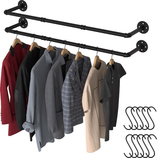 Noswo Kledingstang voor aan de Muur – 2 Stuks - Hoogwaardige Stalen Kledingroede – Kledingrek - Hangrek - Garderobe Stang - 112 cm – Zwart