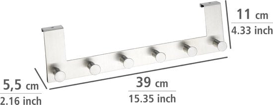 WENKO Deurkapstok Celano RVS, 39cm breed, met 6 haken - Hakenlijst - Deurgarderobe - Voor opdekdeuren 2cm dik