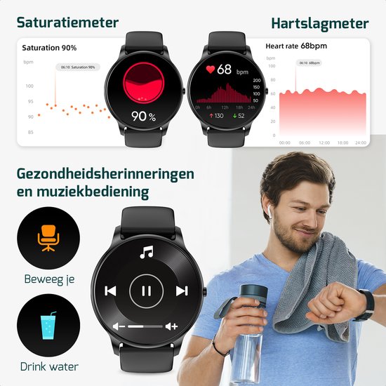 FITAGE Sporthorloge met GPS - Smartwatch Stappenteller Horloge - Activity Tracker - Smartwatches Heren, Dames & Kinderen - Zwart