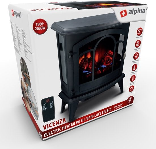 Alpina Elektrische Vicenza - Sfeerhaard - Afstandsbediening en Timer - LED Vlammen - 2000W - Zwart - Met Verwarming