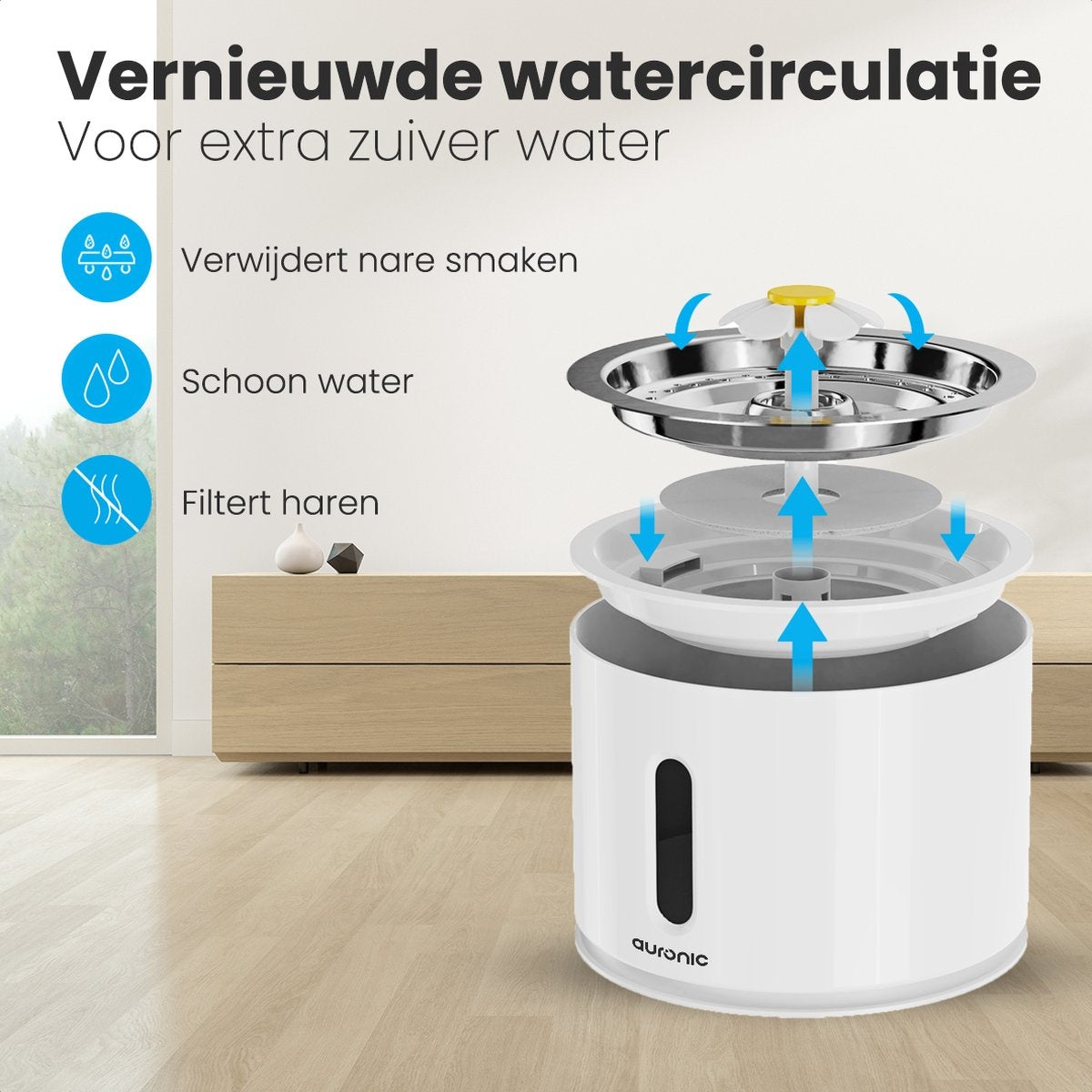 Auronic Drinkfontein - Waterfontein voor Katten en Honden - 2,4L - Dieren Drinkbak - Incl. 4 Filters en 2 Borstels - Wit