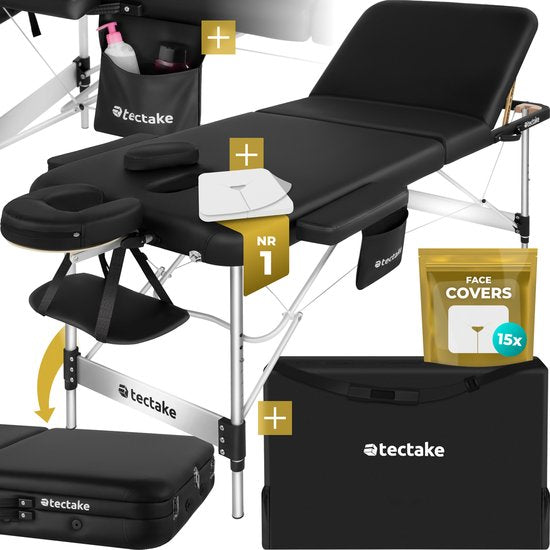 tectake® 3-Zones Massagetafel – 70cm Breed – Behandelbank met 5cm Dikke Vulling en Aluminium Frame – Inclusief 15 Hoofdsteundoekjes en Draagtas – Max Draagvermogen 230kg – Zwart