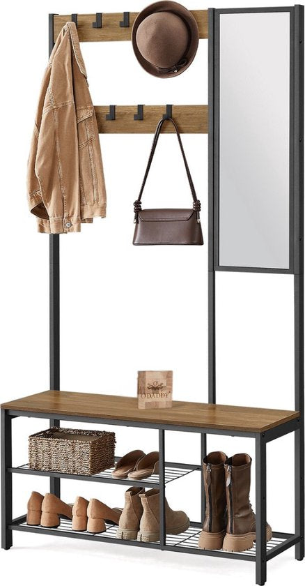 O'DADDY® Garderoberek Met Spiegel - Kapstok - Schoenrek - Kapstok staand - Vintage Look - Zwart en Bruin - Schoenenrek - kapstokken