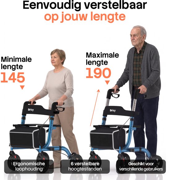 Brixy Rollator - Lichtgewicht & Opvouwbaar - 360° Rubberen Wielen - Zitfunctie - Binnen & Buiten - Rugleuning, Tas & Wandelstokhouder - Blauw
