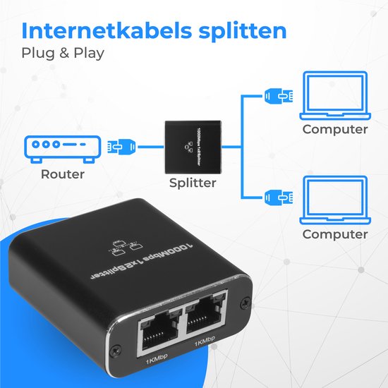 Nuvance - Internet Splitter - 2 Poorten - Netwerk Switch - tot 1000Mbps - Netwerk Splitter - RJ45, Cat5, Cat6, LAN, UTP, Ethernet Splitter - Zwart