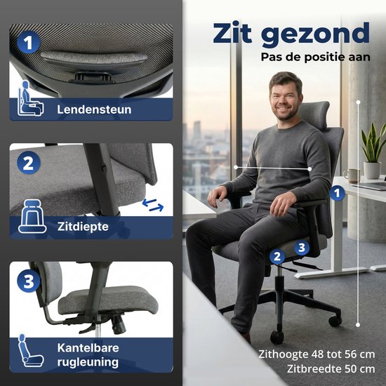 Backerz Ergonomische Bureaustoel - Bureaustoelen voor Volwassenen tot 160kg - Fabric Office Chair - NEN-EN1335