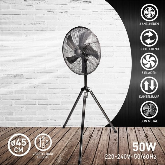 Lifetime Air Statiefventilator - 230V - Hoogte 125-145 CM - Driepoot Statief - 3 Snelheden - Oscillerende Functie - Kantelbaar - Zilver