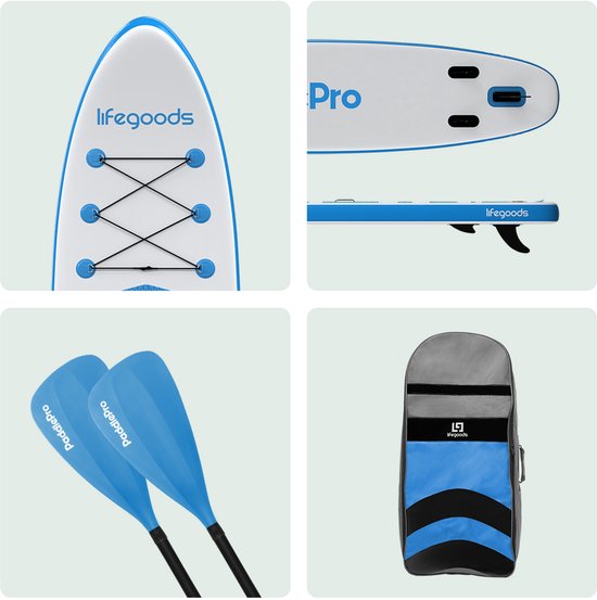 LifeGoods PaddlePro SUP Board - Opblaasbaar Paddle Board - Complete Set - Max. 135KG - 320x81cm - Wit/Sky Blue