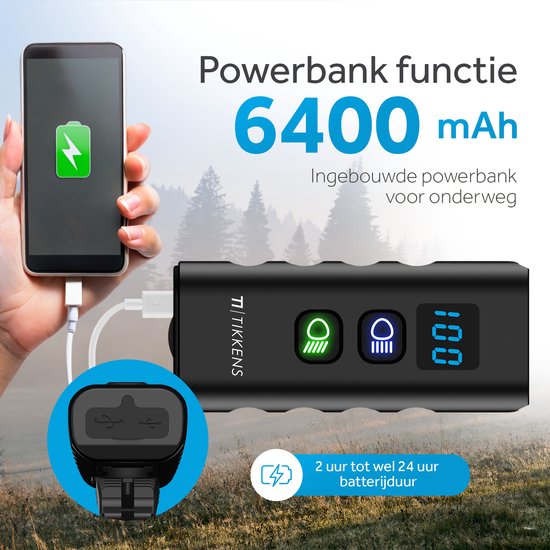Tikkens LED Fietsverlichting 1600 Lumen - Fietslamp USB Oplaadbaar - Fietsverlichting met Powerbank - Voorlicht MTB & Racefiets Verlichting - Waterdicht Fietslicht